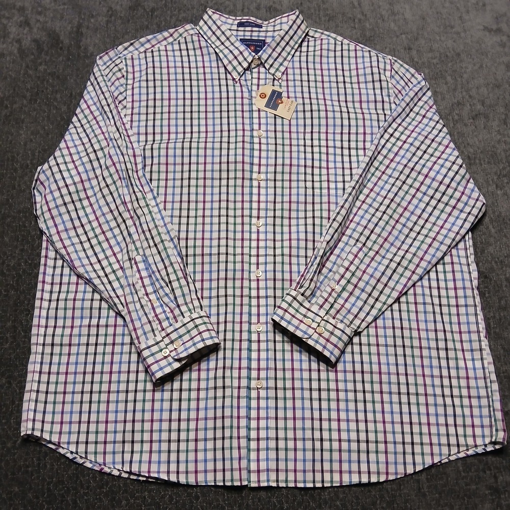 Saddlebred Big & Tall Mens 3XLT Plaid Easy Care Button Down Shirt White Purple
